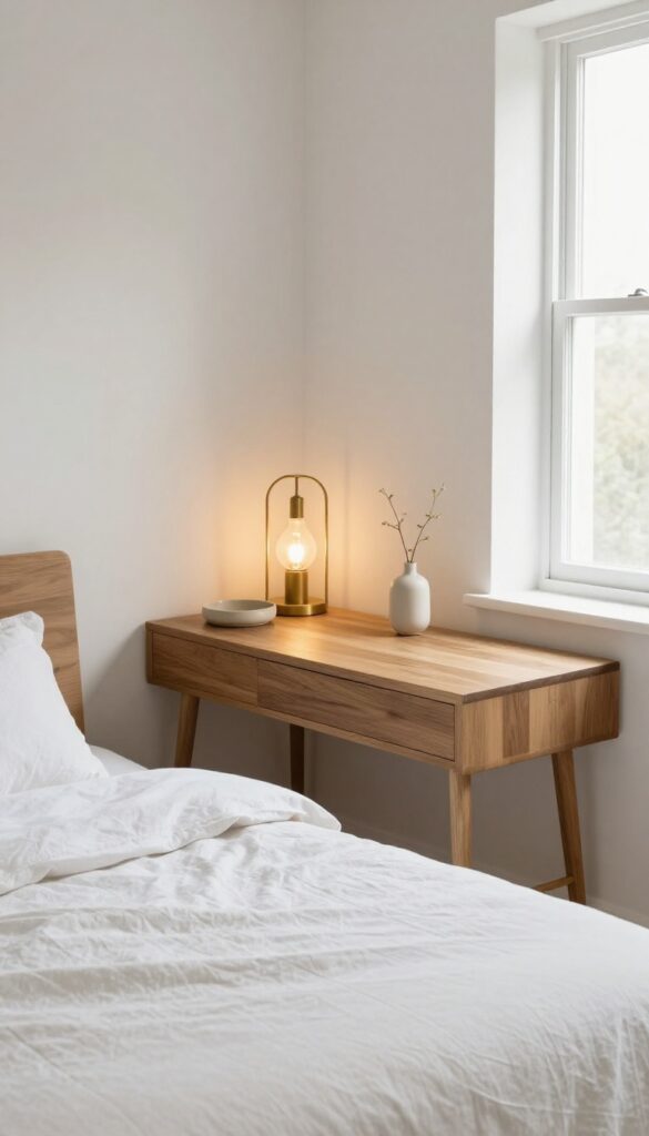 A slim console desk in a spare bedroom with a lamp, tray, and vase, serving as a dual-purpose workspace and guest landing pad.