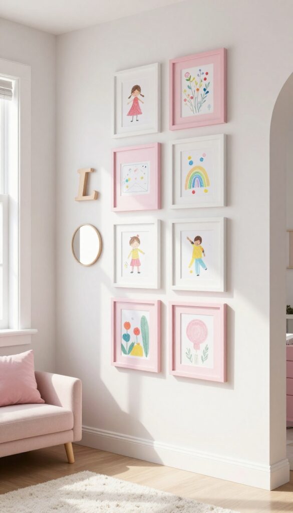 Gallery wall of thrifted frames with children's artwork in a bright toddler girl's bedroom