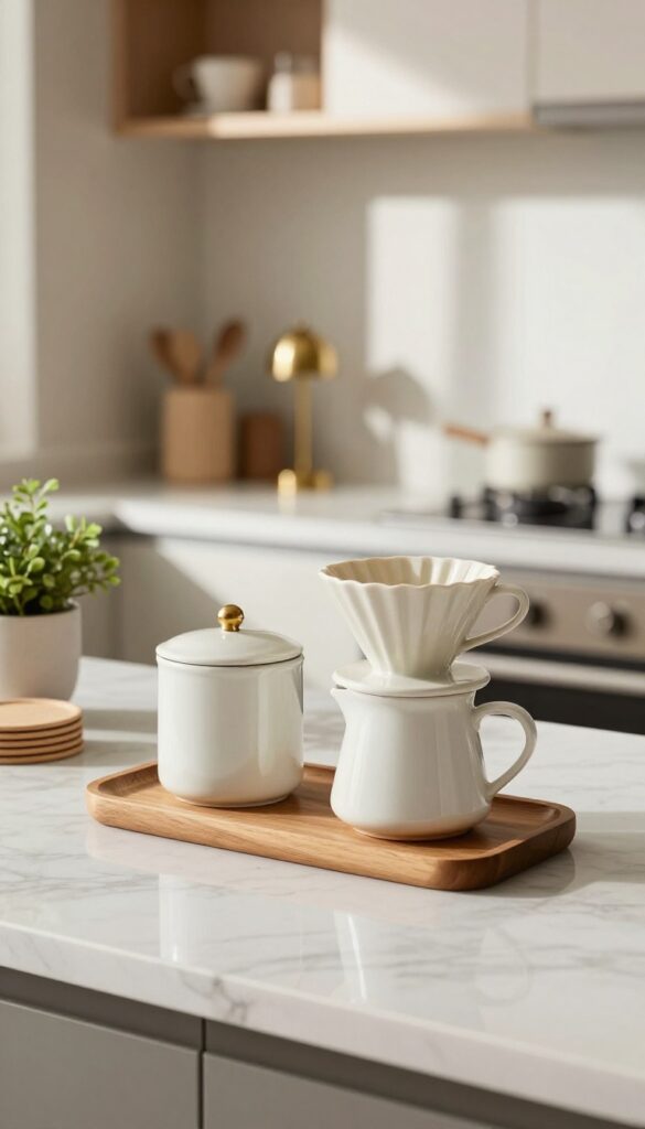 Cozy kitchen beverage station with wooden tray, ceramic coffee dripper, brass lamp, and plant on marble countertop