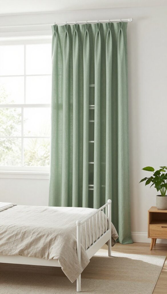Small bedroom with closet curtains instead of doors, soft sage green linen drapes, bright natural light, cozy minimalist style.