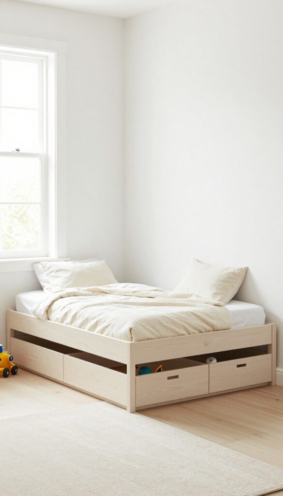 Low-profile platform bed with built-in storage in a modern kids bedroom, bright natural light, clean and cozy