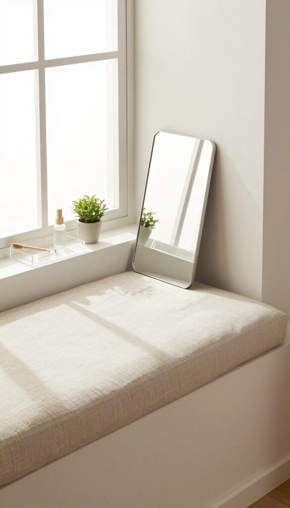 Cozy window sill vanity with plush cushion, leaning mirror, and tray of essentials in bright natural light