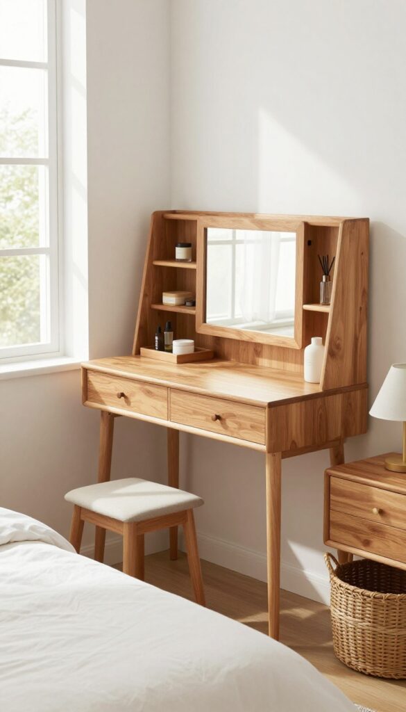 Small bedroom with multifunctional desk-vanity and nightstand with hidden storage, bright natural light, clean design.