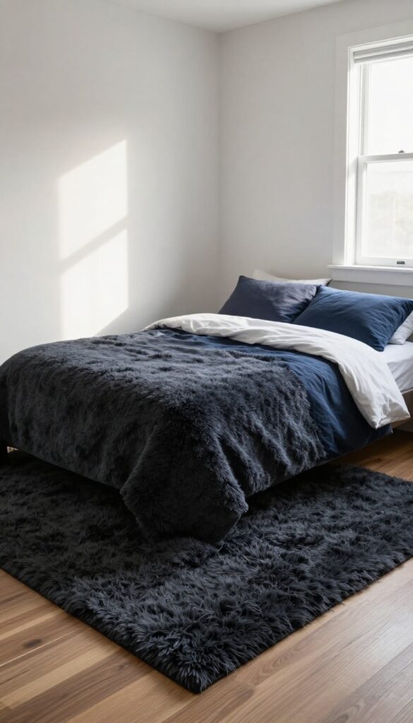 Boy's bedroom with a large charcoal wool rug under a bed, adding warmth and softness to the hardwood floor