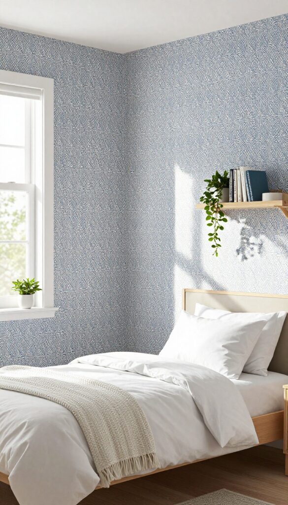 Cozy boys bedroom with peel-and-stick wallpaper accent wall behind bed, neutral decor, and natural light.