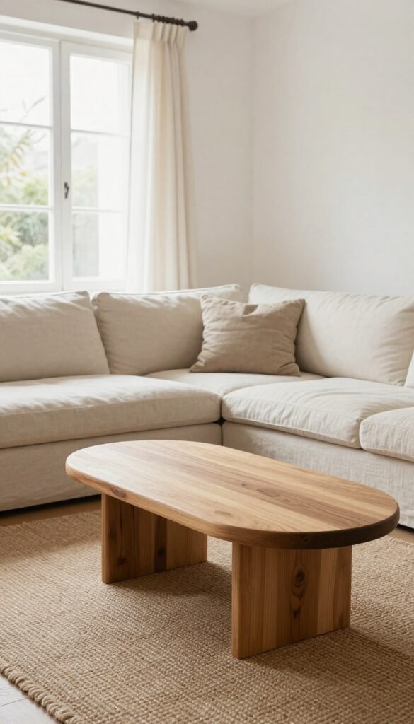 Low wooden coffee table in a cozy boho living room with jute rug and linen sofa, natural light