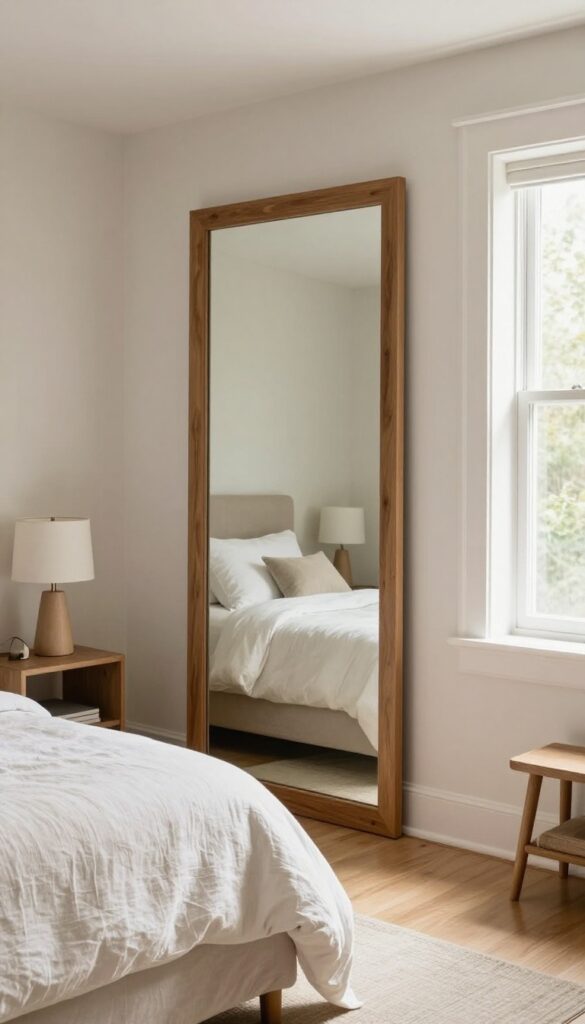 Full-length mirror in a cozy guest bedroom reflecting light and making the room feel larger