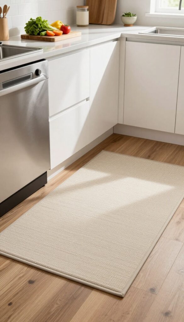 A cushioned anti-fatigue mat in a warm beige with subtle woven texture placed on hardwood floor in front of a kitchen sink, with natural light and modern white cabinetry.