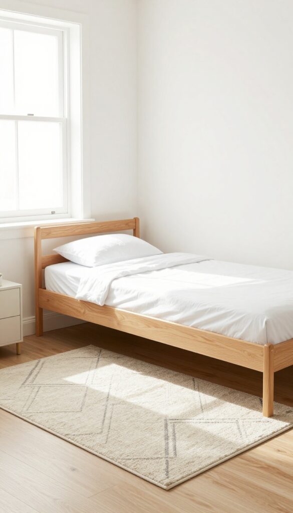 A small teenage boy's bedroom with a twin bed anchored by a warm geometric rug on laminate flooring, natural light, minimalist decor.