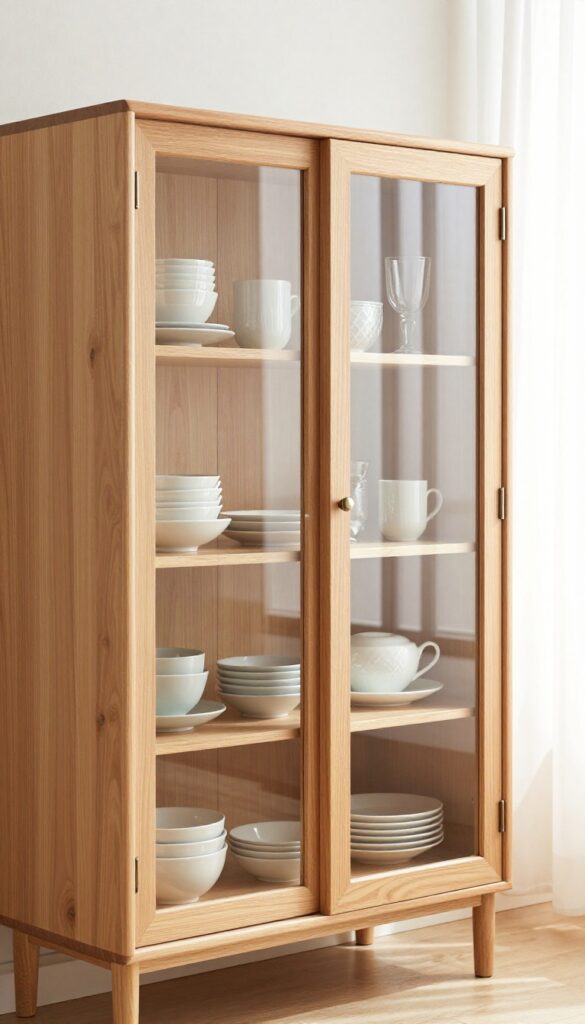 Glass-front cabinet displaying ceramics and glassware in a bright living room