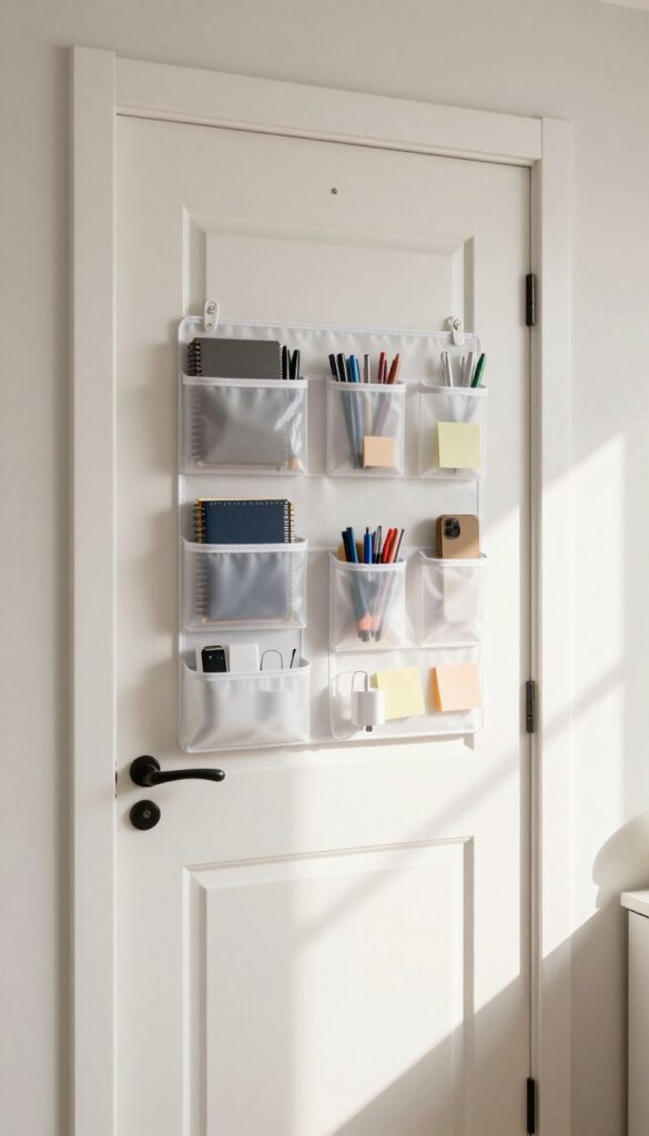 Over-the-door shoe organizer used as storage for office supplies on a bedroom door