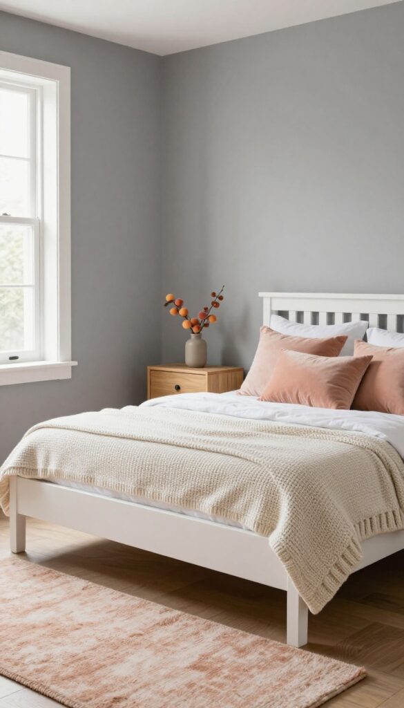 A cozy girls bedroom with warm gray walls and peach accents, featuring a white bed with peach pillows and throw, a peach rug, and natural light.