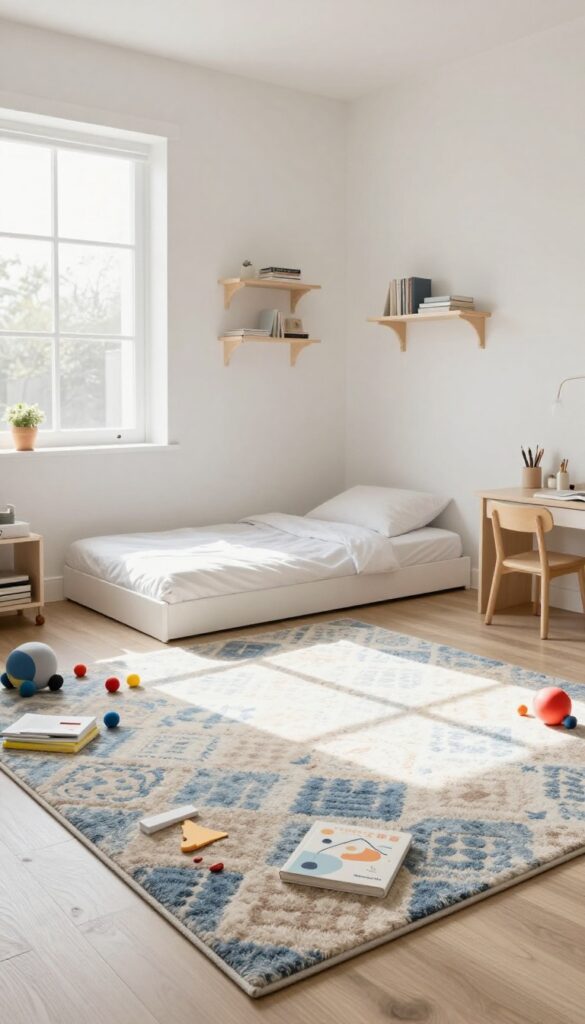 A children's bedroom with a Murphy bed folded up and a large play mat on the floor, surrounded by toys and books in natural light.