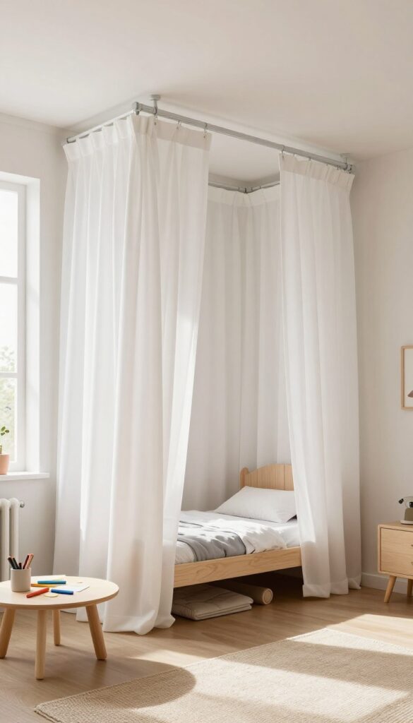 Trundle bed with curtain-enclosed play zone in a bright kids' bedroom