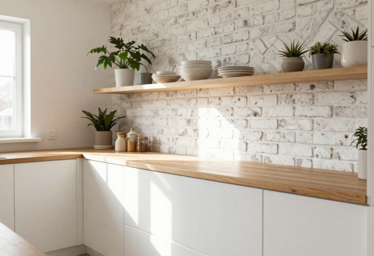 Modern kitchen with whitewashed brick herringbone backsplash, white cabinets, and wooden countertop