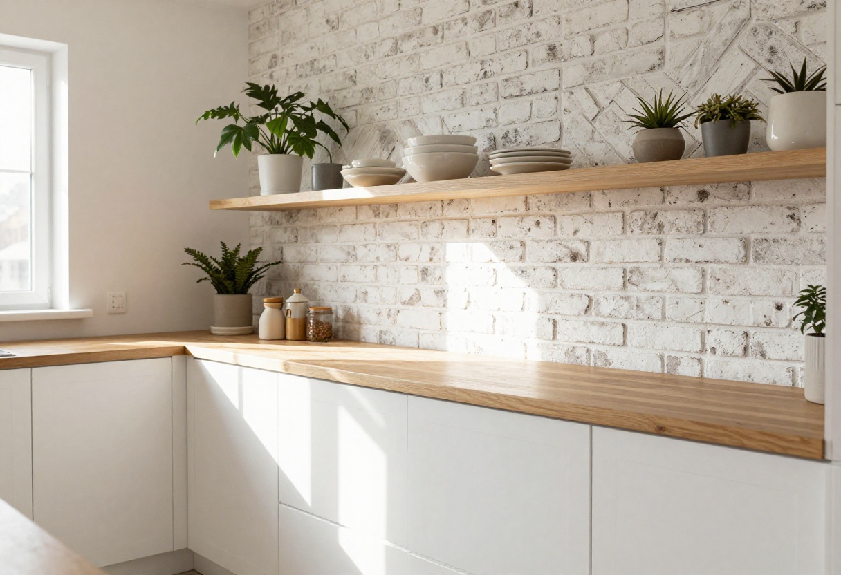 Modern kitchen with whitewashed brick herringbone backsplash, white cabinets, and wooden countertop