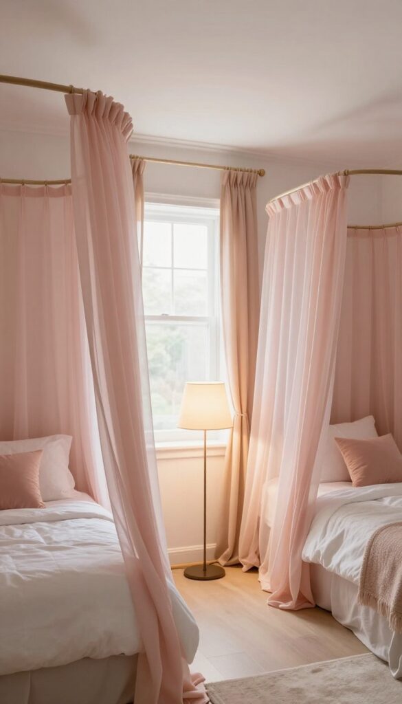 Two canopy beds in opposite corners of a shared girls bedroom with sheer blush and peach curtains, central floor lamp, bright natural light.