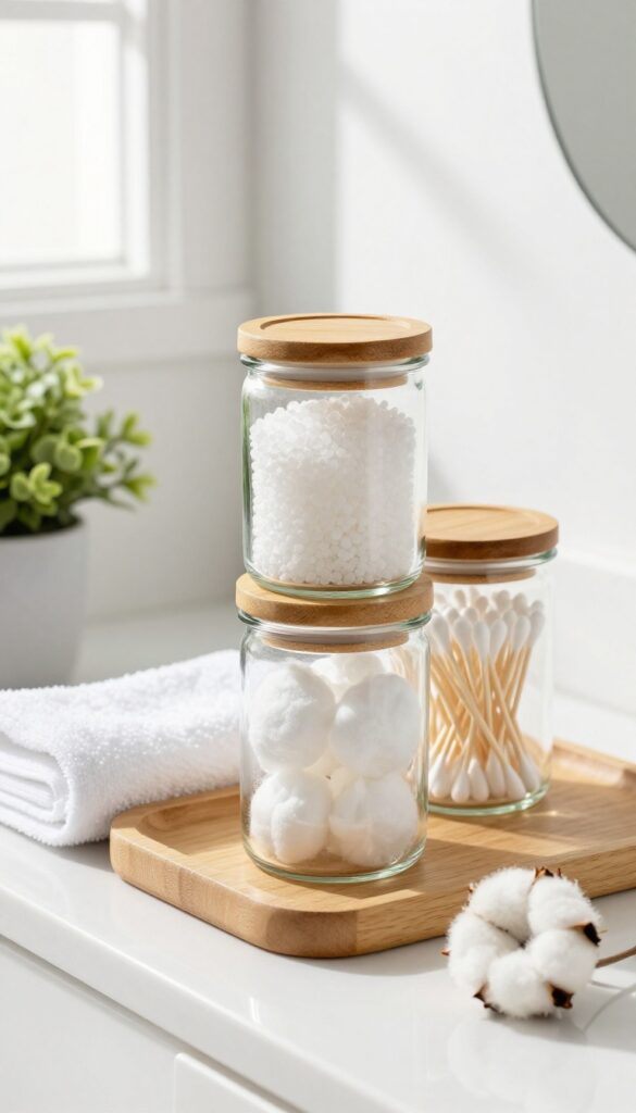 Stackable glass jars with bamboo lids on a bathroom counter, filled with cotton balls, cotton swabs, and bath salts, arranged on a wooden tray with a towel and plant.