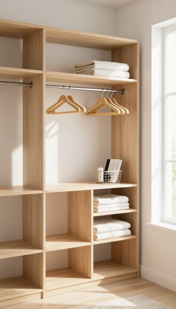 Guest bedroom with built-in closet system, organized with hangers, blanket, and basket for essentials.
