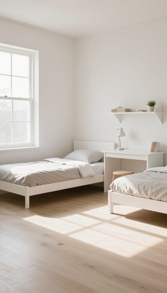 Twin bed with side desk extension in a bright teen bedroom, L-shaped study zone, open floor space, natural light.