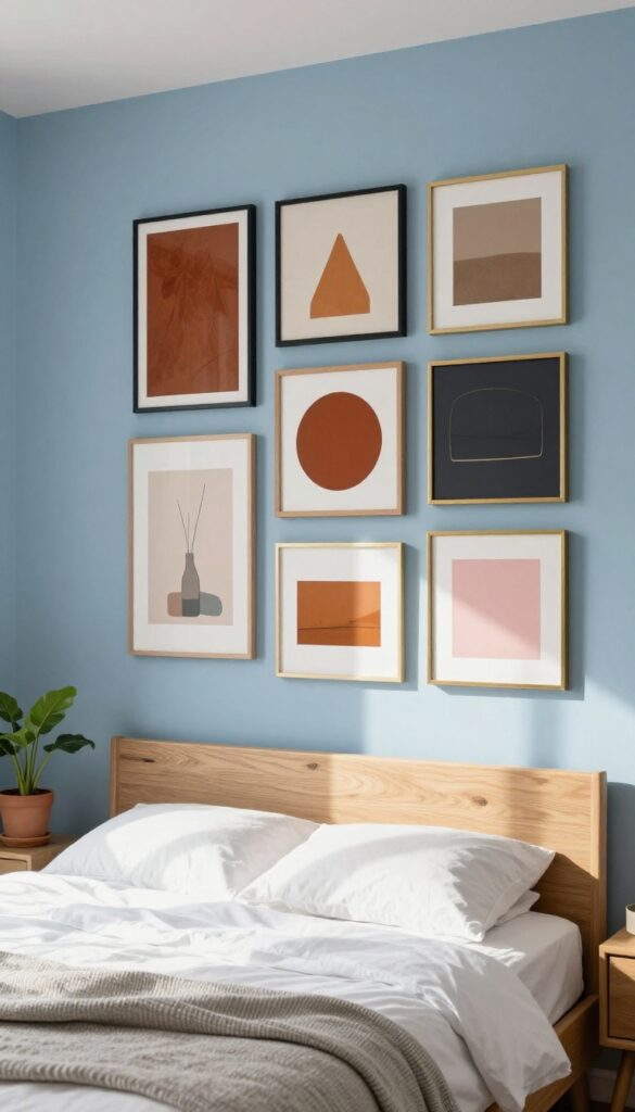 A bright blue bedroom with a gallery wall of warm-toned art and personal photos in mixed frames, creating a cozy and lived-in feel.