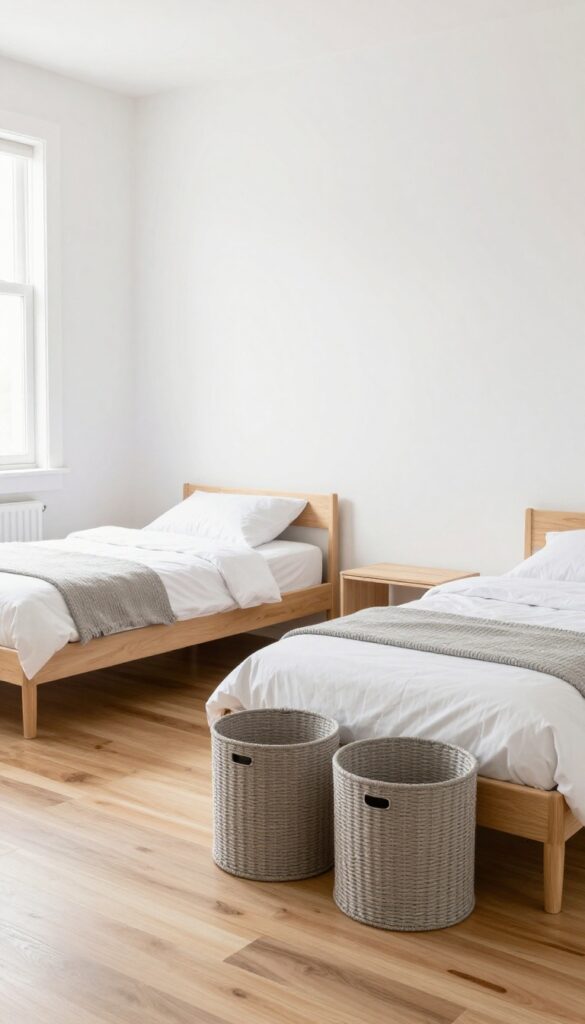 Under-bed storage with rolling bins in a shared kids' bedroom