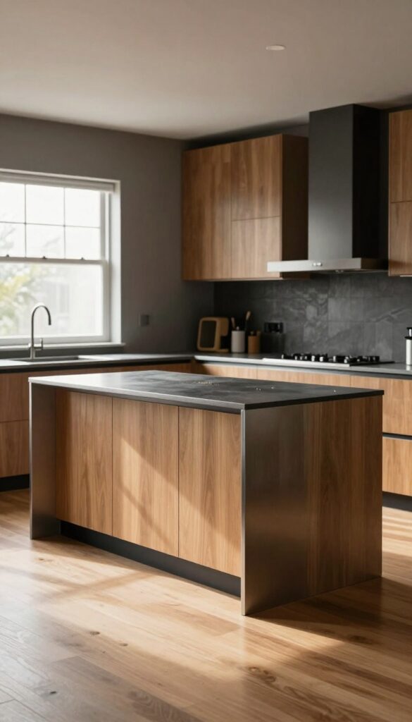 Dark charcoal kitchen mat on light hardwood floor in modern kitchen with island