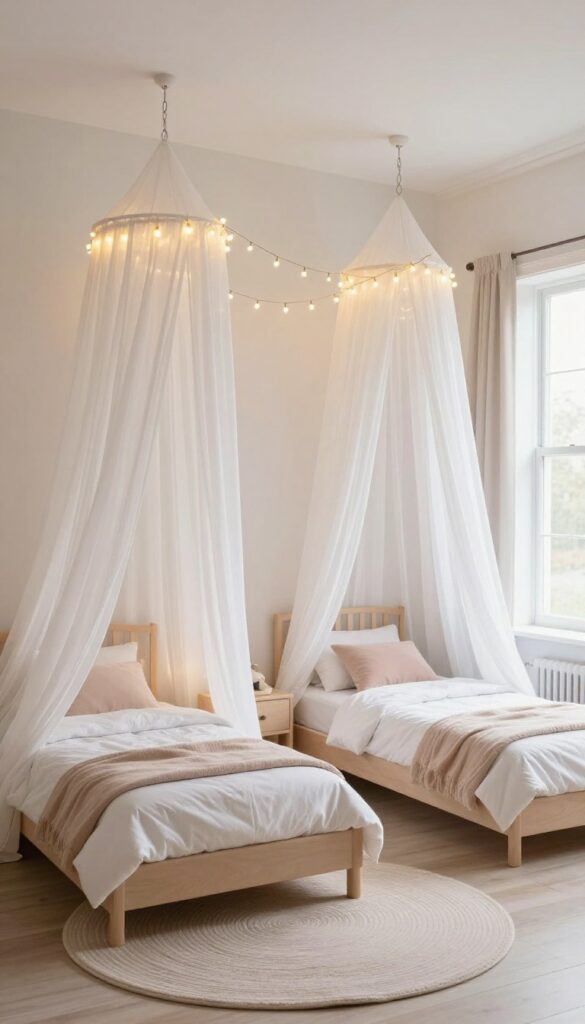 Cozy corner canopy tent in a shared kids bedroom with floor cushion and fairy lights.