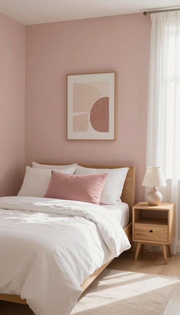 Girl's bedroom with a warm dusty rose accent wall behind the bed, soft cream other walls, natural light, cozy and grown-up feel.