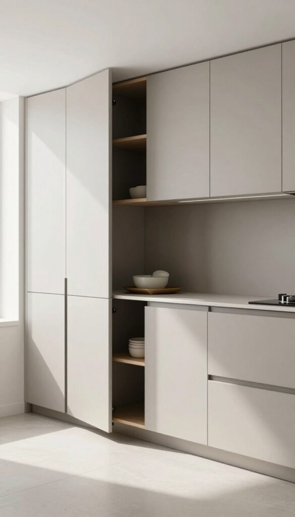 Modern minimalist kitchen with hidden pass through behind flat-panel cabinet doors, partially open to reveal a small shelf with tray.