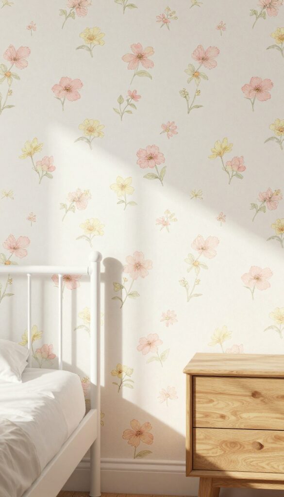 Girl's bedroom with dainty ditsy floral wallpaper in faded pink and butter yellow, soft natural light, white metal bed frame, natural wood nightstand.