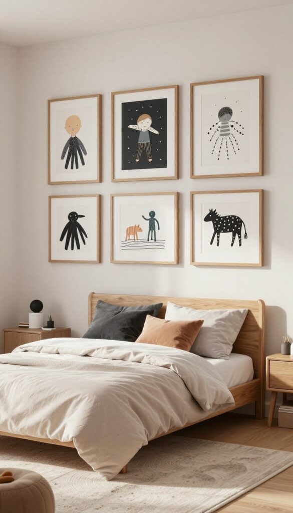 Cozy kids bedroom with framed artwork hung at child's eye level, warm wood and black frames, bright natural light, soft rug and plush bedding.