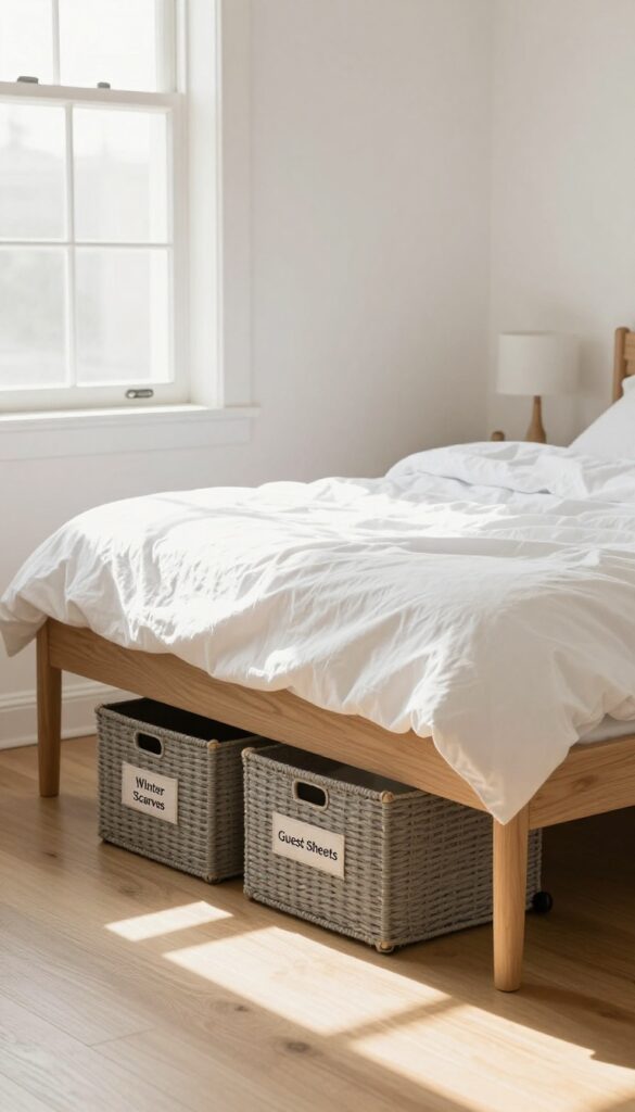 Under-bed storage bins on wheels in a bright bedroom