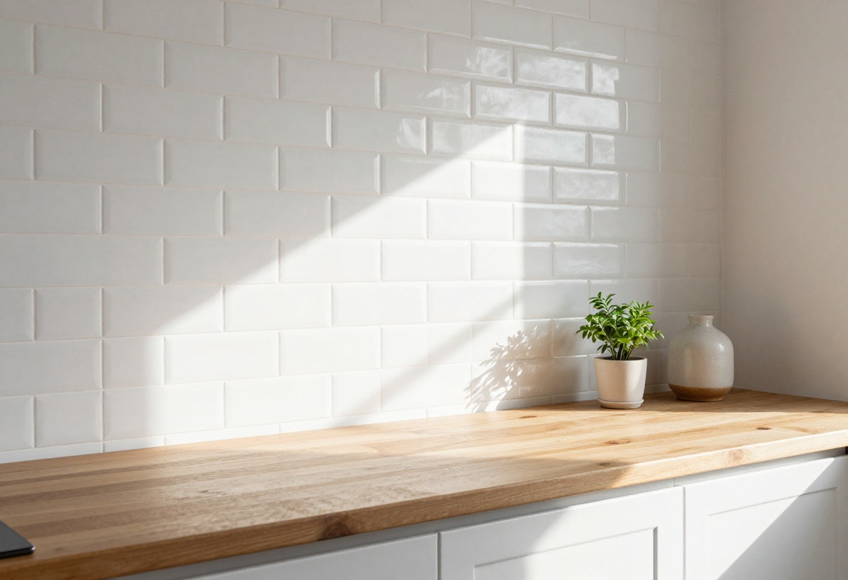 Modern kitchen with textured white subway tile backsplash and warm wood countertops