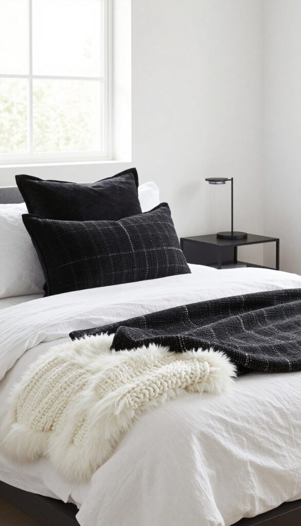 Black and white bedroom with textured throw pillows on a bed, including black velvet shams and a chunky white knit lumbar pillow, in natural light.