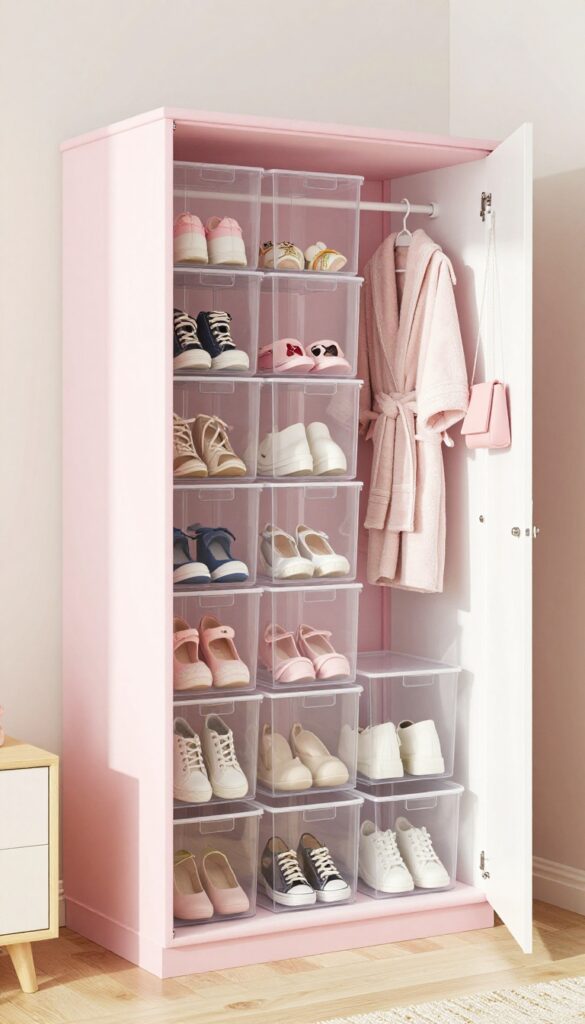 Closet organizer with clear bins and hooks, neatly storing shoes and accessories in a bright, tidy closet.