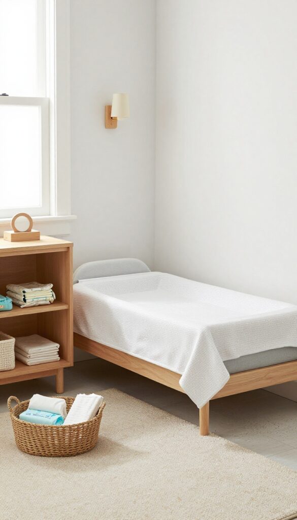 A baby boy's nursery with a dresser doubling as a diaper changing station, featuring a contoured changing pad and organized storage.