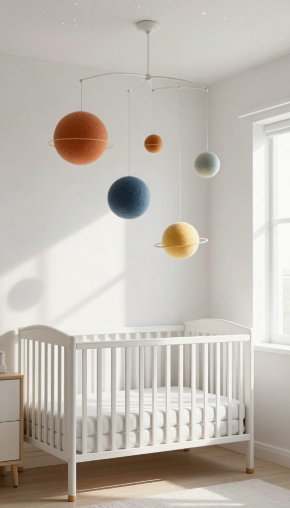 A solar system mobile made of felt planets floats above a crib in a bright, airy boy's bedroom with starry ceiling details.