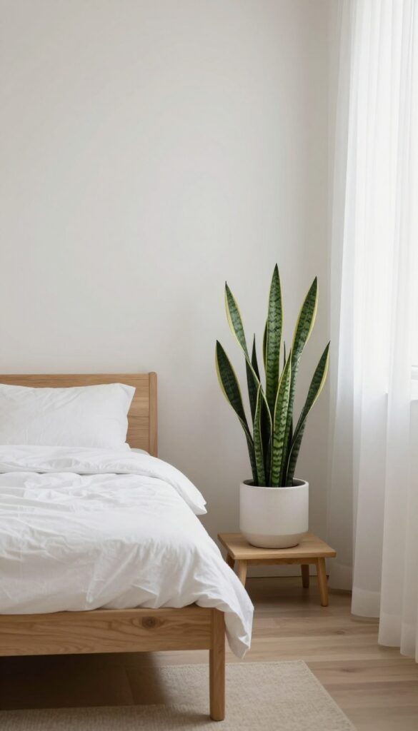 Small bedroom with neutral decor and a snake plant on the nightstand, adding greenery and calmness.