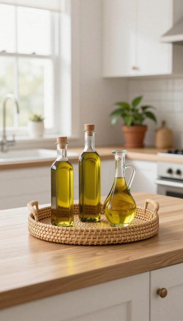 Woven seagrass tray on kitchen counter with oil bottles and small plant, natural light.