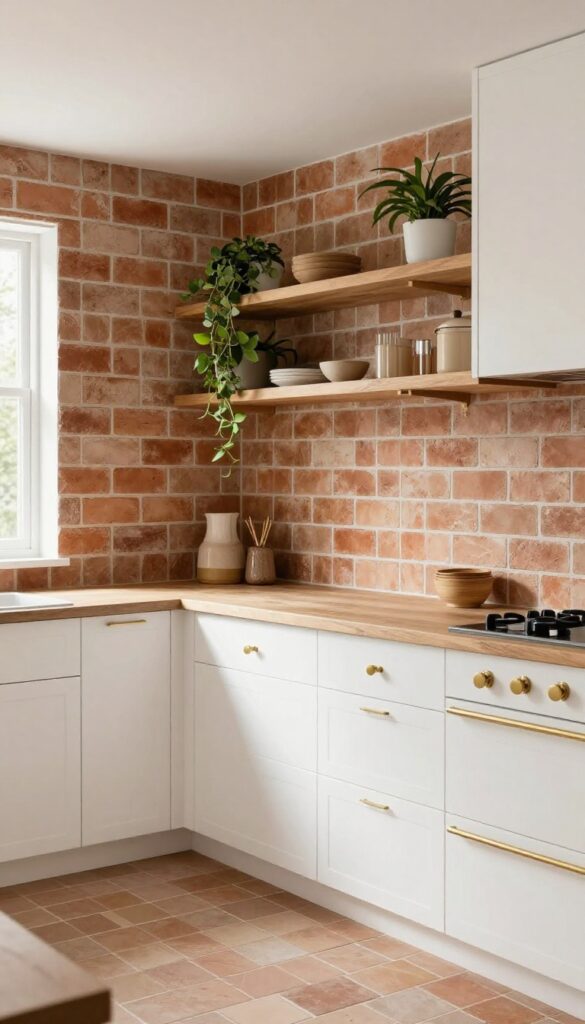 Kitchen with terracotta brick pattern backsplash, white cabinets, wooden shelves, and brass details