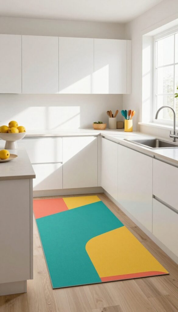 Bright kitchen with colorful geometric floor runner in teal, coral, and yellow, defining the prep area.