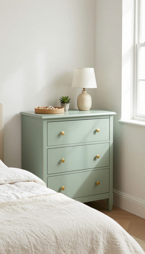 Repurposed vintage sage green dresser in a bright bedroom with brass knobs, lamp, plant, and woven tray.