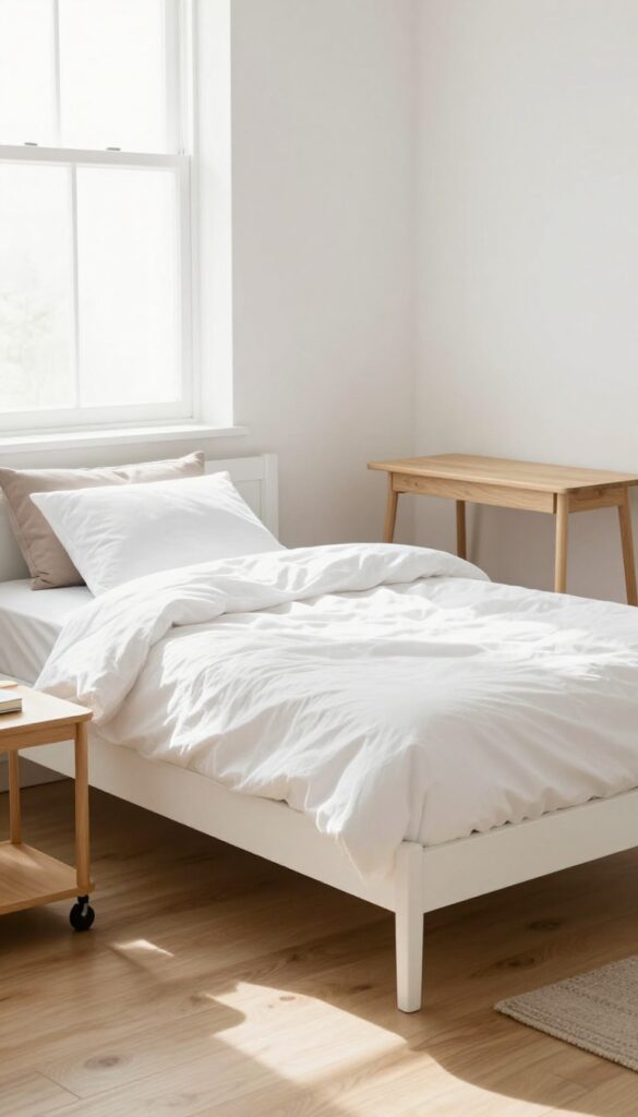 Teen bedroom with daybed, trundle, and study tray in bright natural light