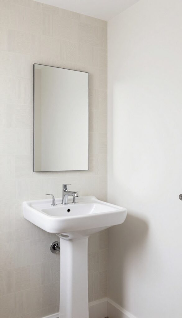 Small powder room with bold geometric wallpaper on one accent wall, soft white walls, simple mirror, and sleek sconce in natural light.