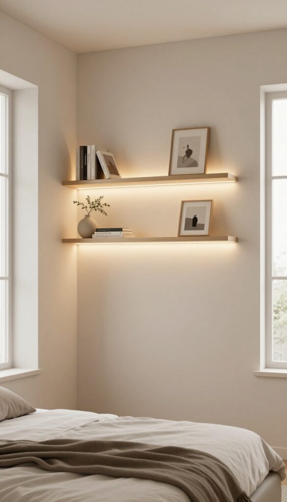 Floating shelves with integrated LED lighting above a bed in a bright, minimalist bedroom