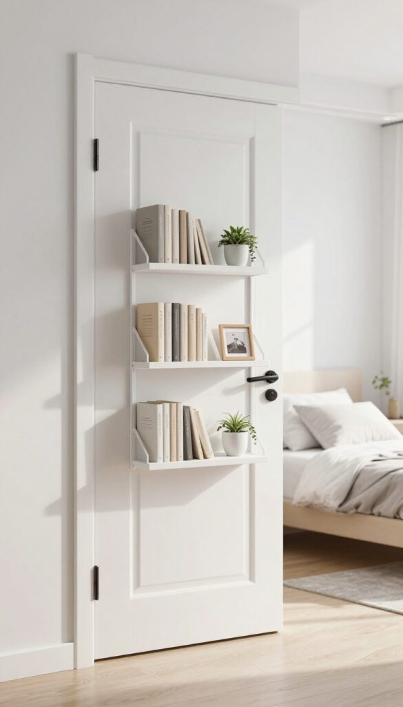 Over-the-door bookshelf on a white bedroom door with books, a plant, and a framed photo, bright natural light, minimalist bedroom background.