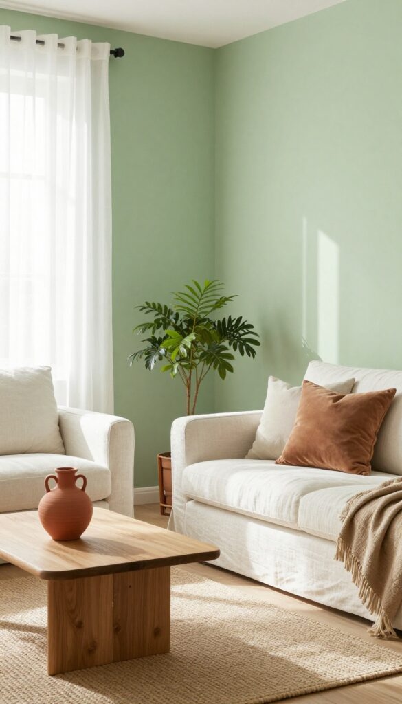 Small living room with sage green walls and terracotta accents, featuring a white sofa, woven rug, and ceramic vase in natural light.