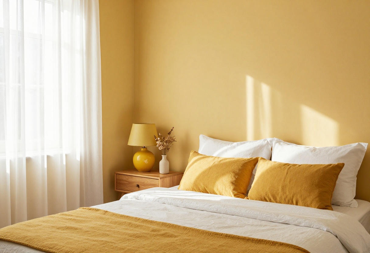Cozy bedroom with butter-yellow accent wall, white bedding, mustard pillows, and natural light