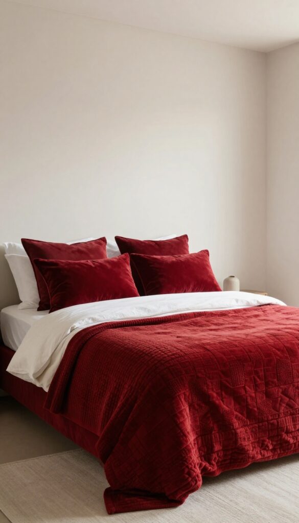 Layered red textiles on a bed with brick red knit throw, cherry velvet pillows, and a patterned quilt in neutral bedroom.